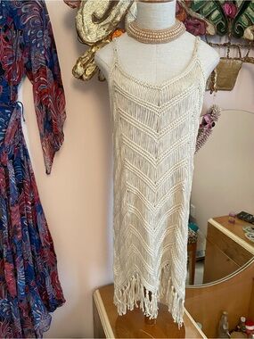 Source Unknown Cream Crochet Fringe Mini Dress